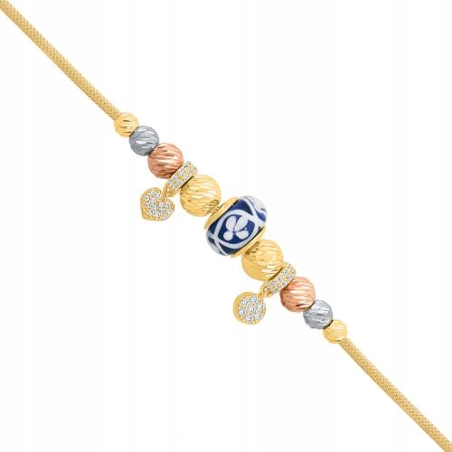 Zlatý náramek 585 s provlečenými prvky, zdobený zirkony.