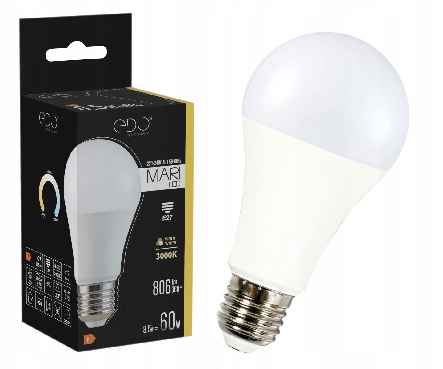 

Żarówka Led E27 A60 8,5W 3000K ciepła 806lm Edo