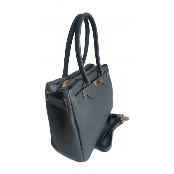 Elegantní Italská Kabelka Přes Rameno Velká Kožená Zlaté Kování Šedá