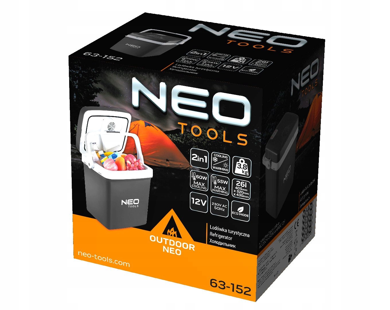 NEO LODÓWKA PODRÓŻNA TURYSTYCZNA SAMOCHODOWA USB LCD 26L 12/230V 63-152 Zasilanie gniazdo zapalniczki samochodowej sieciowe