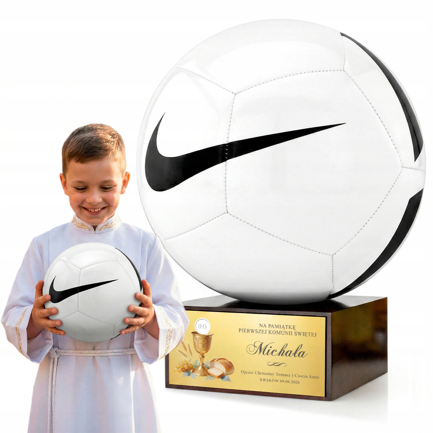 dla Chłopca na Komunię Piłka Nożna Nike z Podstawką Grawerem