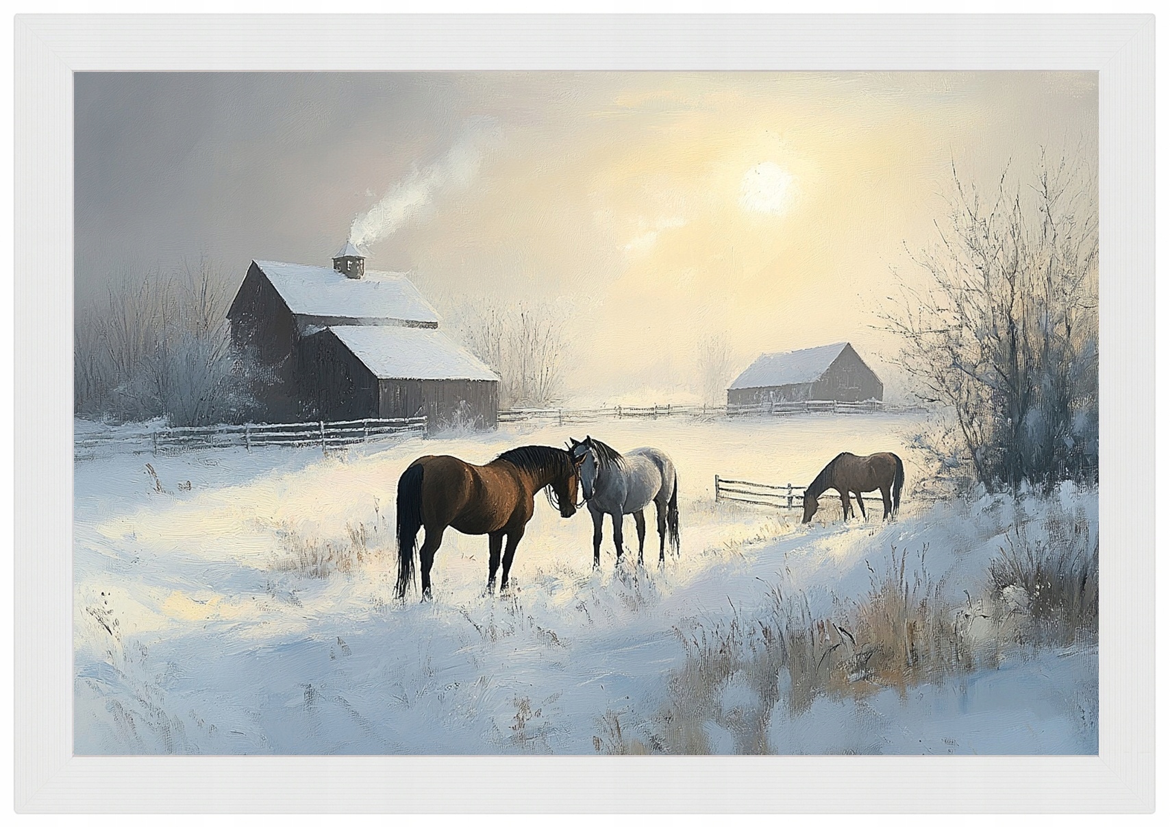 Plakát Rámeček Dřevo Krajina Polsko Zima Sníh Mráz Vesnice Kůň Koně 60x40