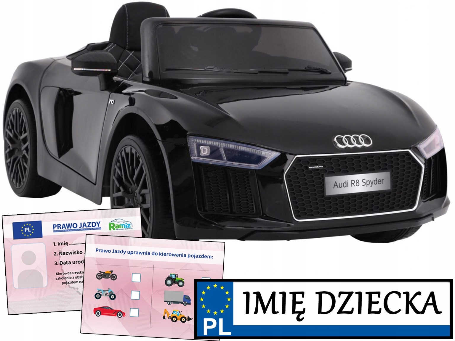 Samochód dla dzieci Audi R8 Spyder pilot panel audio Tablica Z Imieniem