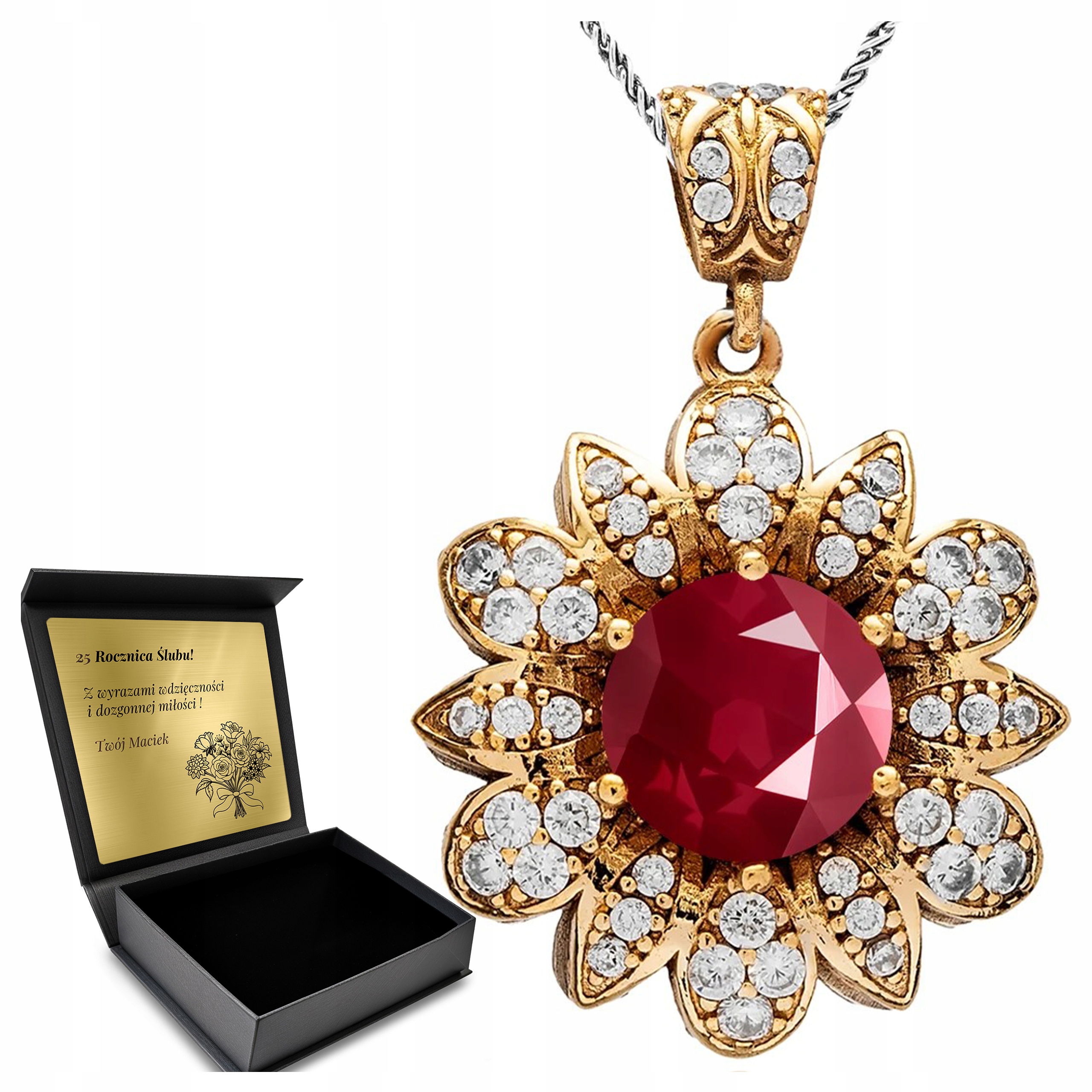 Stříbrný Řetízek 925, Zirkony Rubín S Gravírováním