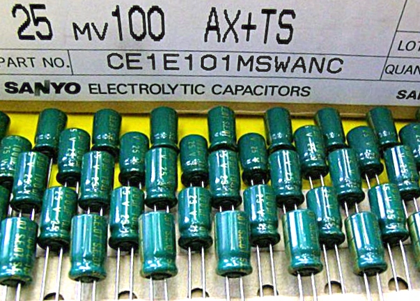[20szt] Kondensator Sanyo typ Mv-ax 100uF25V Ø6.3x11mm niska Imp 200mR