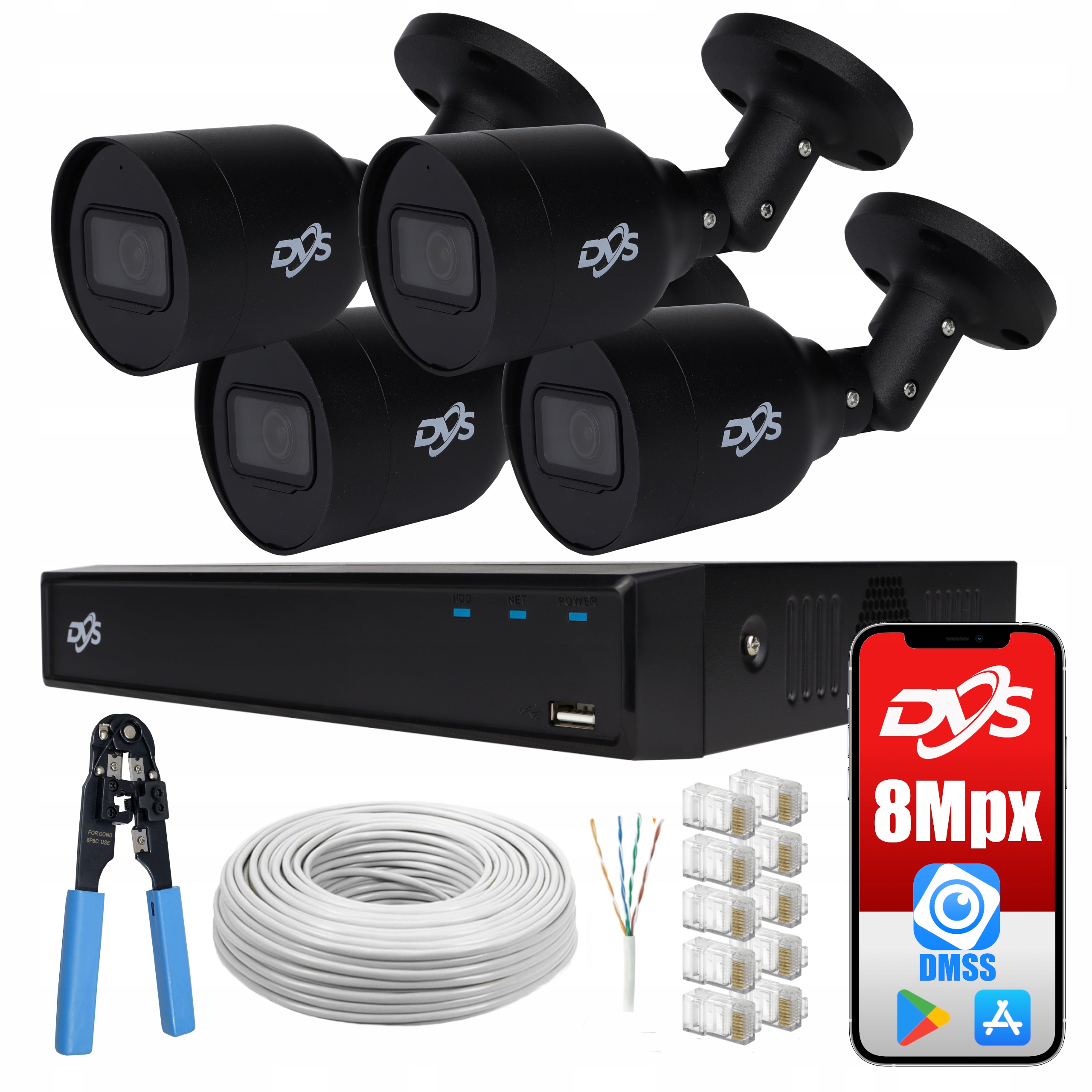 ZESTAW MONITORINGU 4 KAMERY IP CZARNE 8Mpx 4K PoE