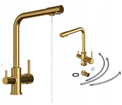 Kuchynská batéria trojcestná zlatá Flow kohútik na vodný filter do kuchyne