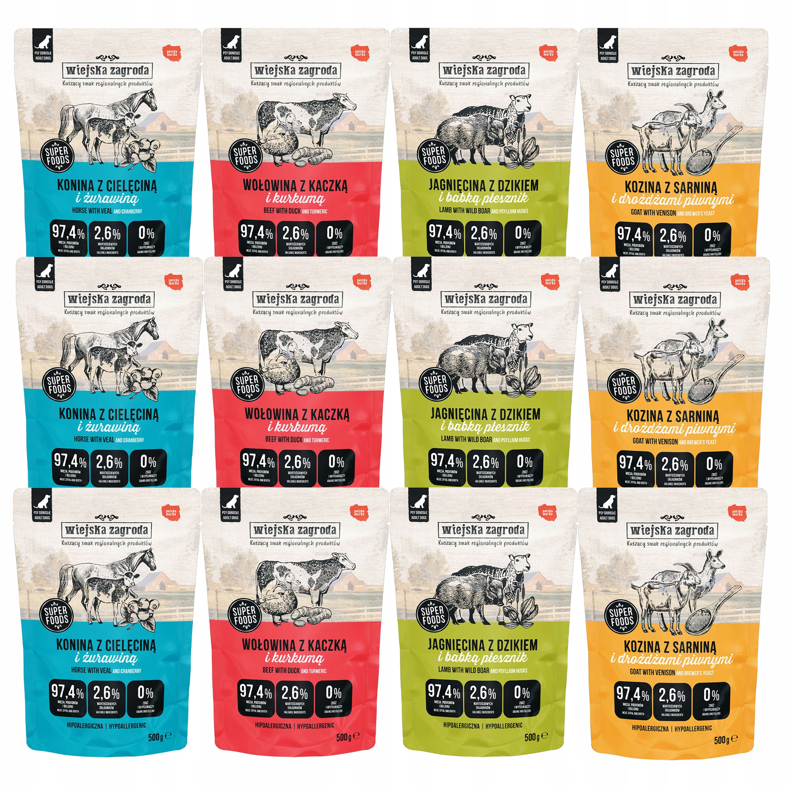 Wiejska Zagroda kompletní krmivo pro psy mix chutí 12 x 500 g