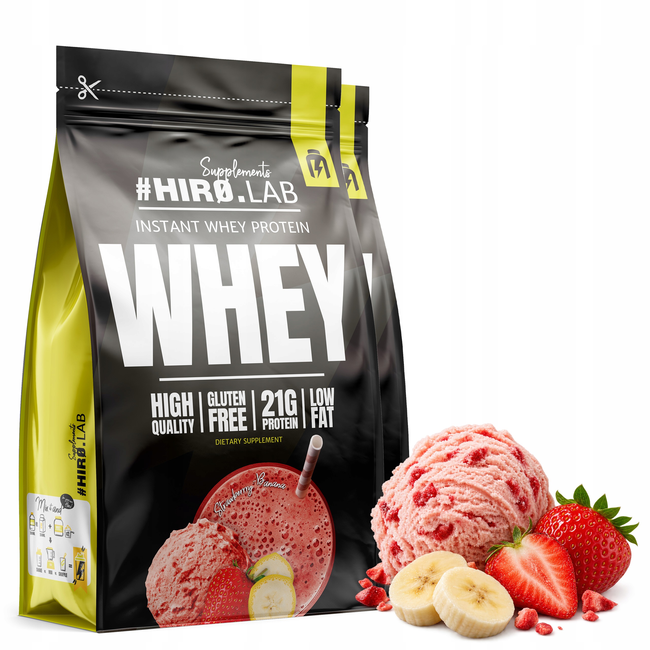 2x Wpc Instant Whey Protein syrovátkový 750 g Banán Jahoda HiroLab