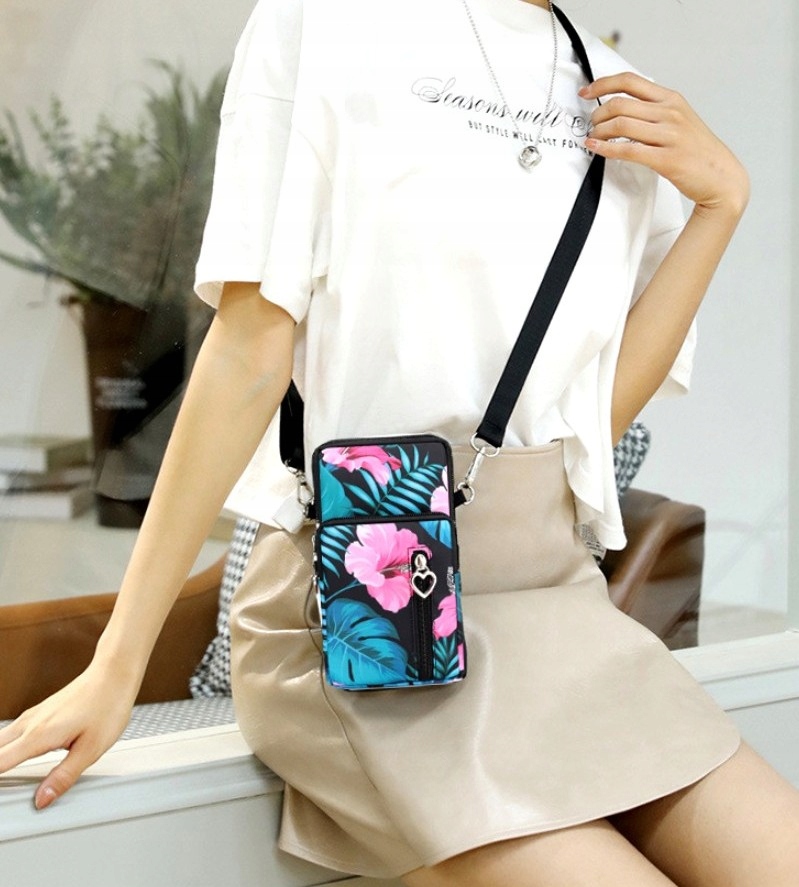 Torebka na telefon miejska czarna PORTFEL KOPERTÓWKA 2W1 kwiaty damska Wzór dominujący bez wzoru