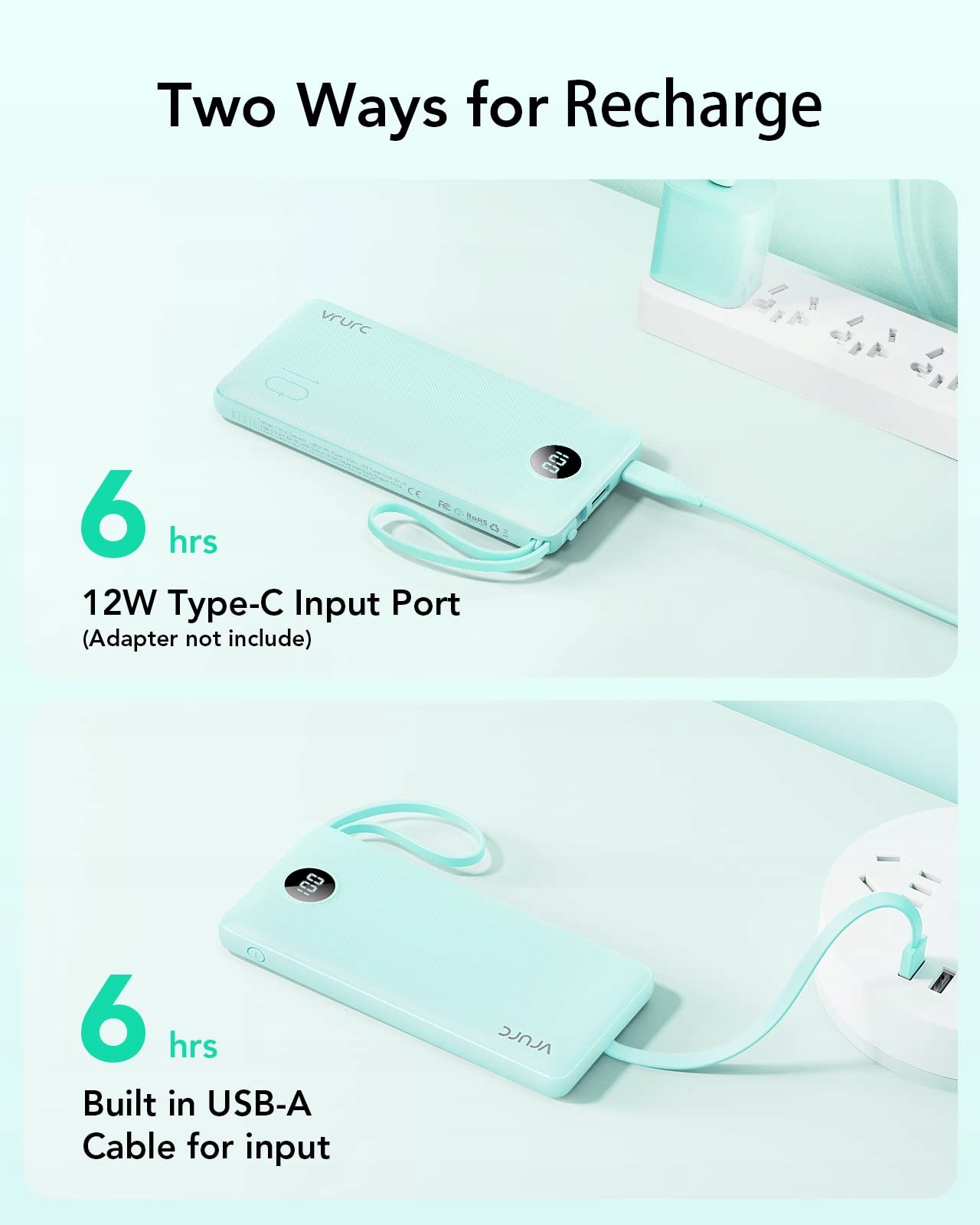 VRURC Powerbank 10000mAh USB C iPhone Huawei Samsung iPad LED — miniatura 5
