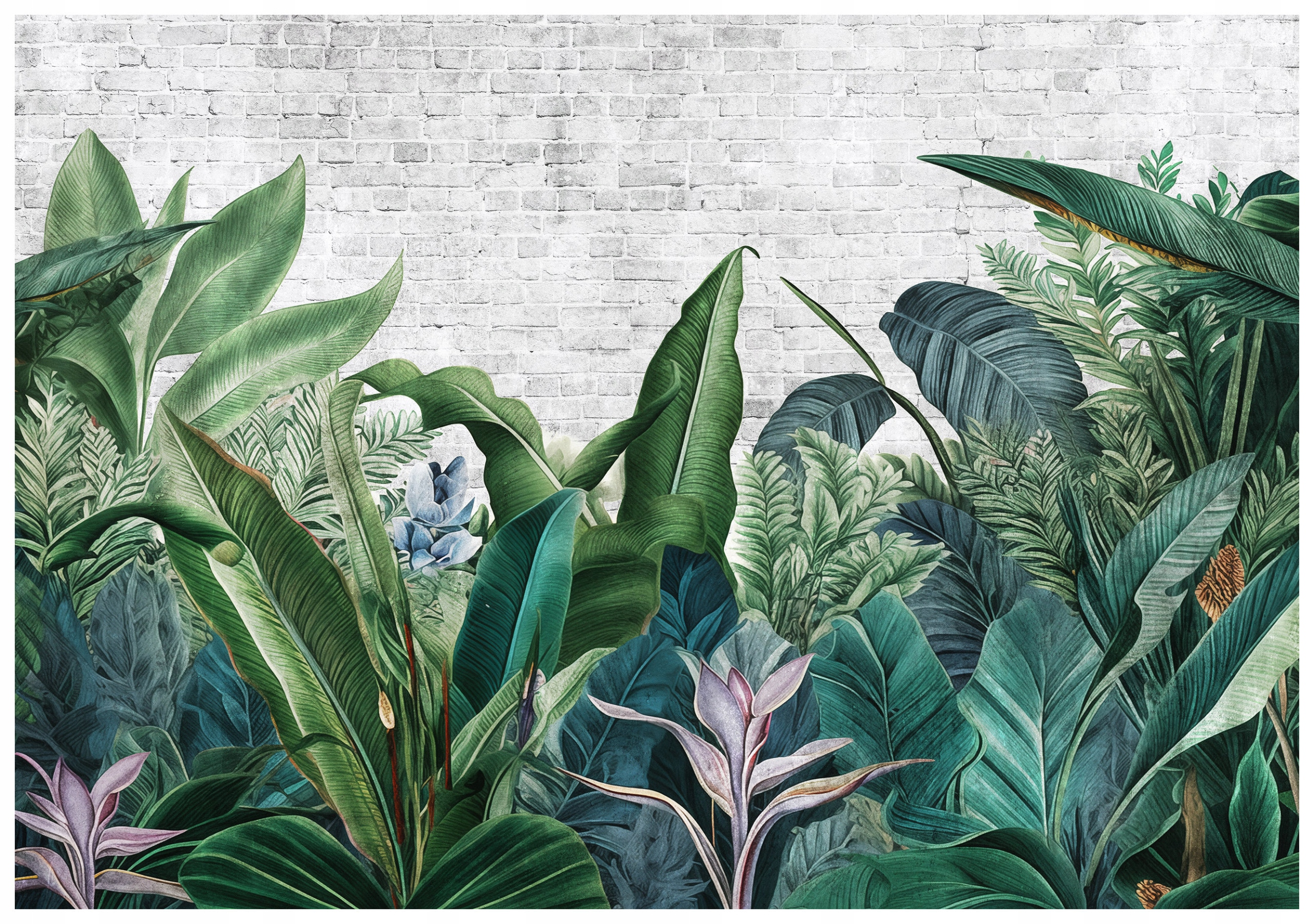 Fototapeta Tropická zahrada s banánovými listy na bílé cihle 400x280 lepidlo