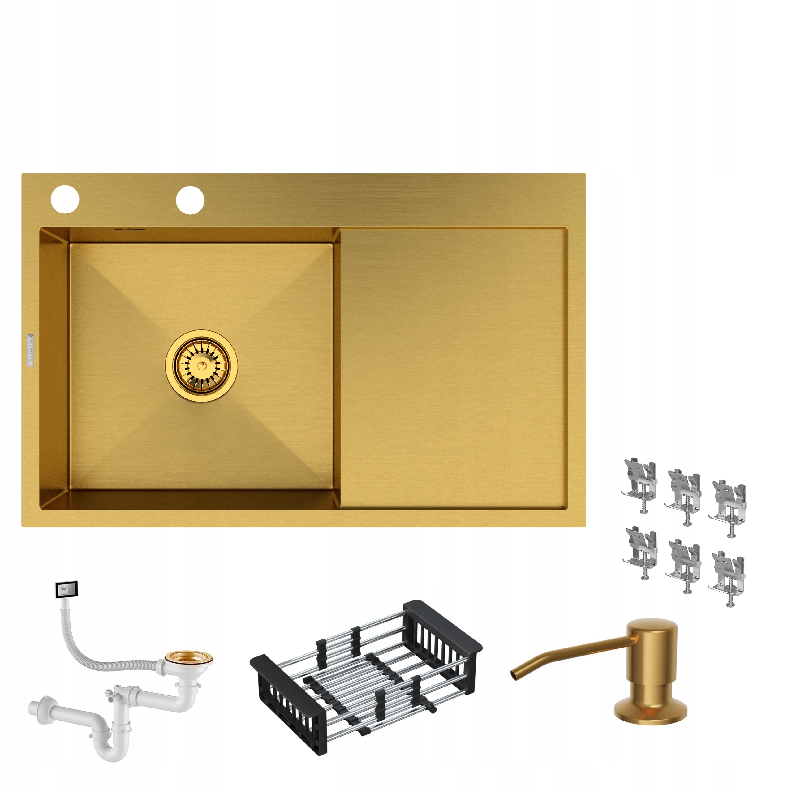 Jednokomorový Ocelový Dřez Zlatý Odkapávač Sušička Dávkovač BARI78L