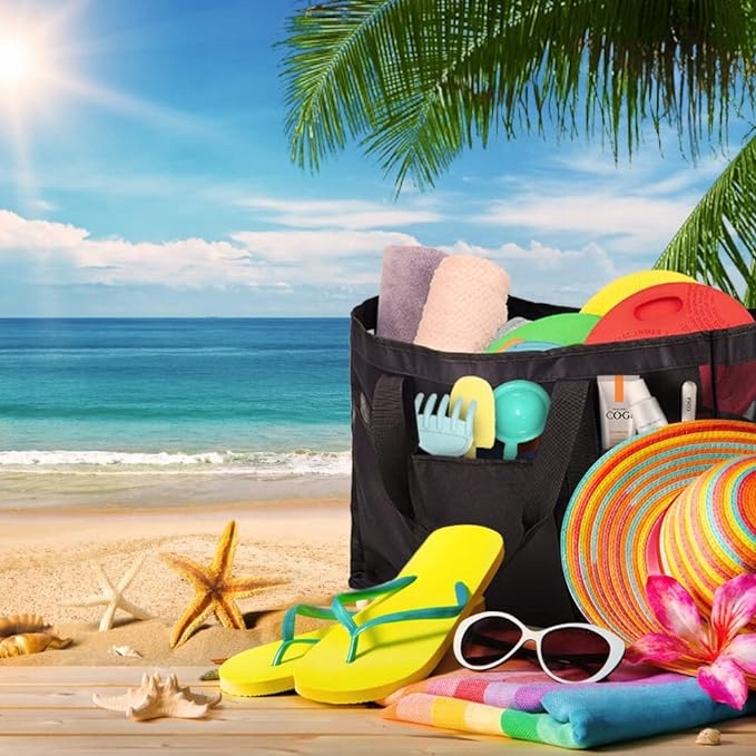 DUŻA TORBA PLAŻOWA Z SIATKI TOREBKA NA RAMIĘ PLAŻĘ PIKNIK ŻYWNOŚĆ ZABAWKI Kolor czarny