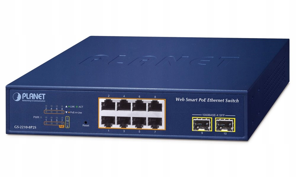 Planet GS-2210-8P2S WEBsmart L2 switch, 8x1Gb, 2x1Gb Sfp, 8x PoE 802.3at 12