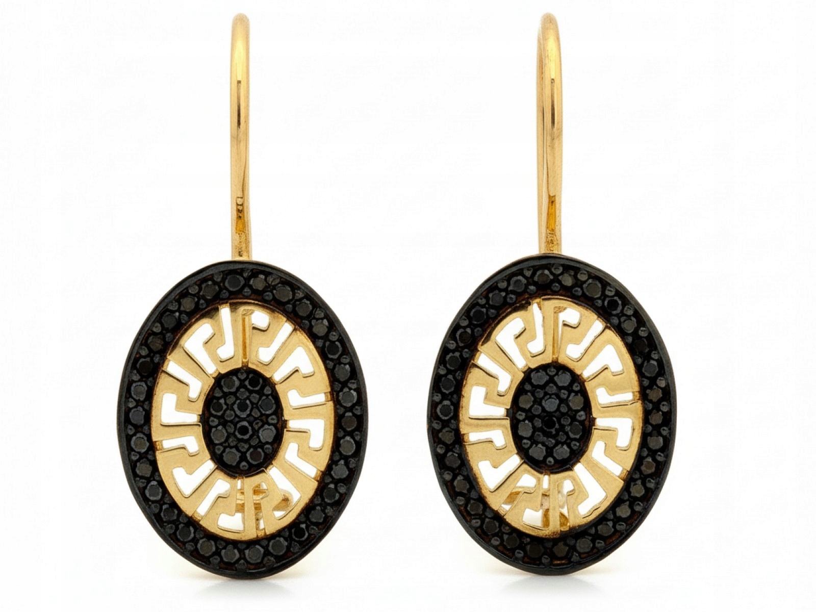 Dámské zlaté náušnice 585 oválné s černými zirkony, řecký vzor