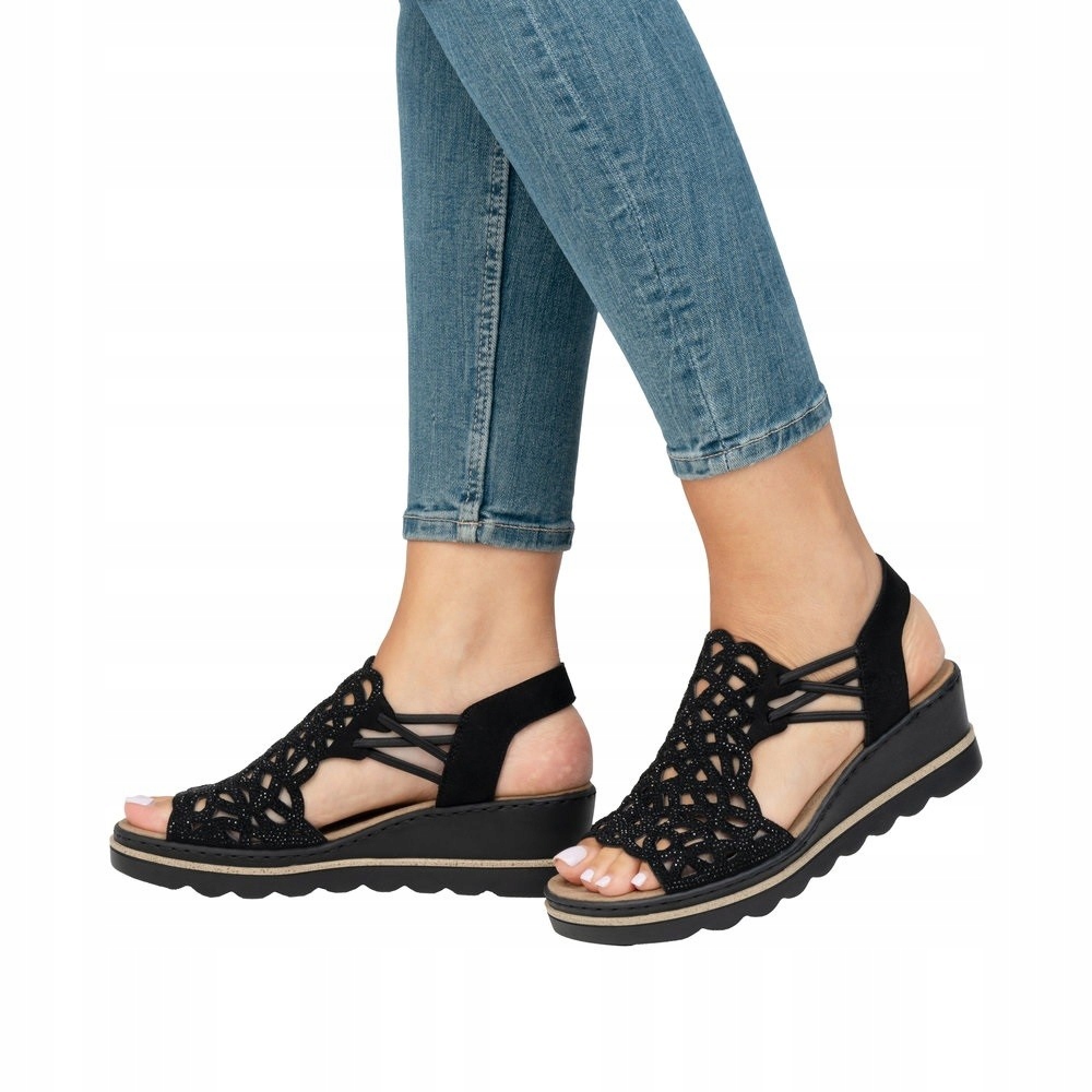 Rieker 67465-00 – stylové dámské sandály na klínku – černé 38