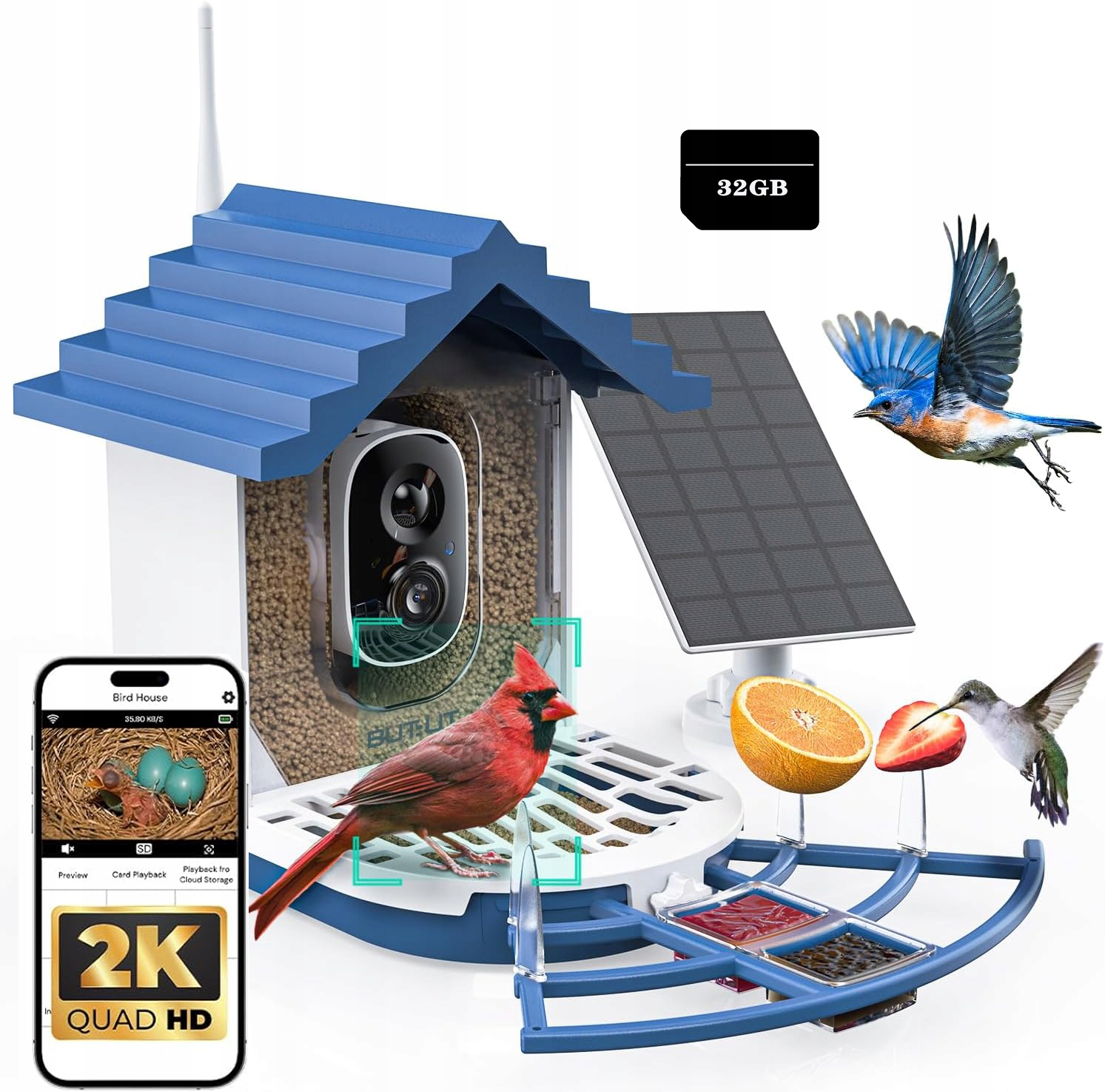 Krmítko pro ptáky s kamerou, rozlišení kamery 2K, inteligentní s 32 Gb