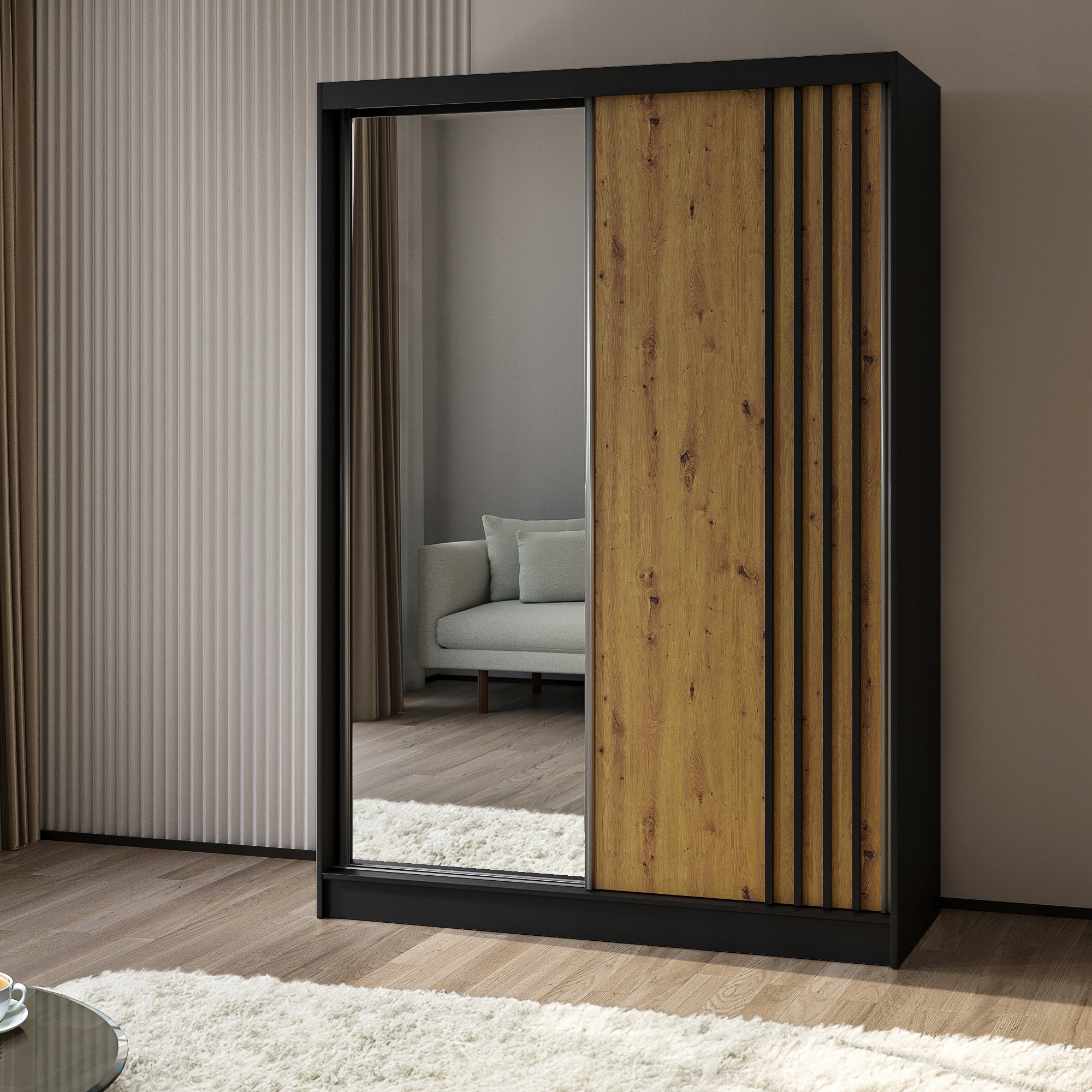 Skříň dvoudveřová Nelvia 150 cm Skříň se zrcadlem Posuvná černá