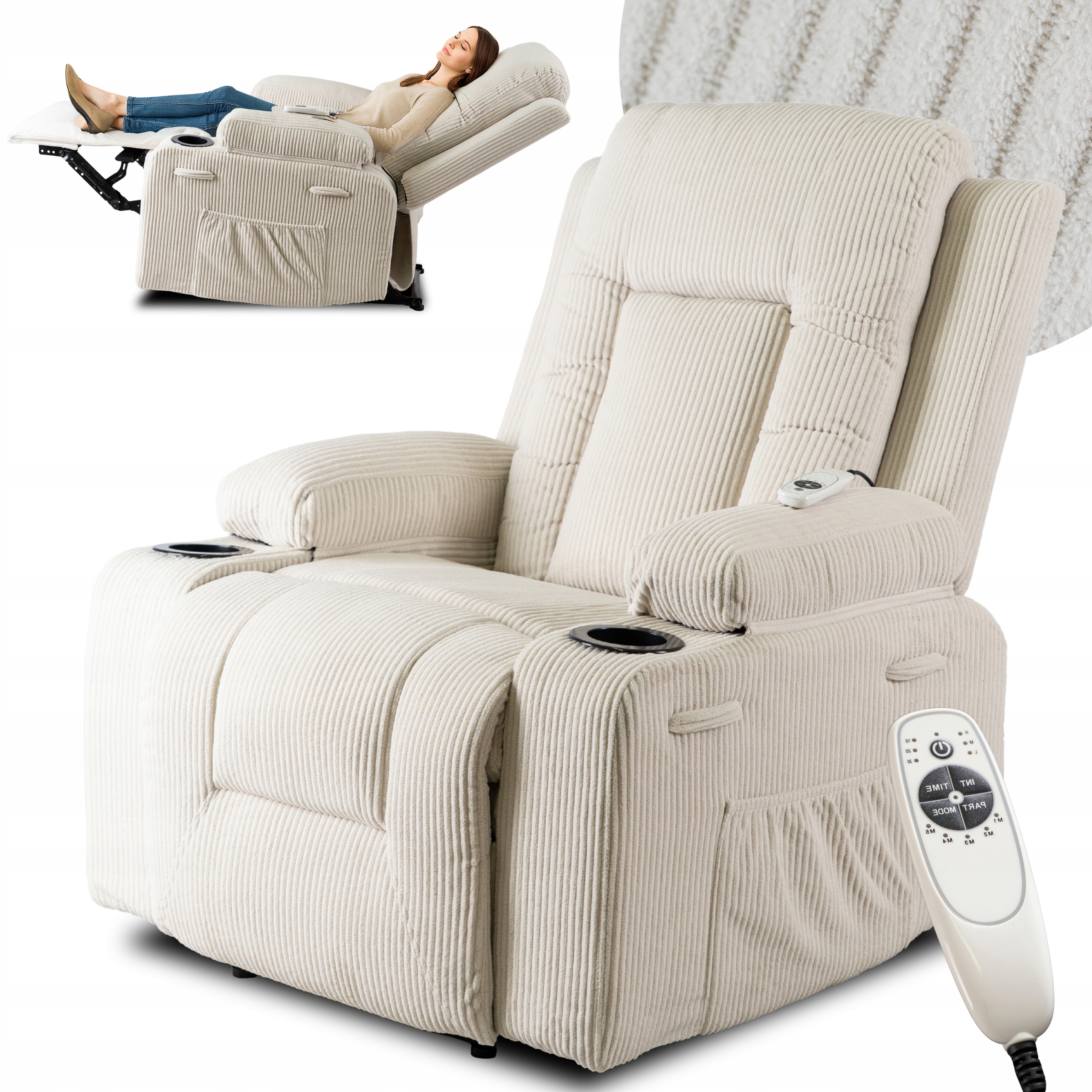 Polohovací masážní křeslo s podnožkou, manšestrové, béžové, Box 2