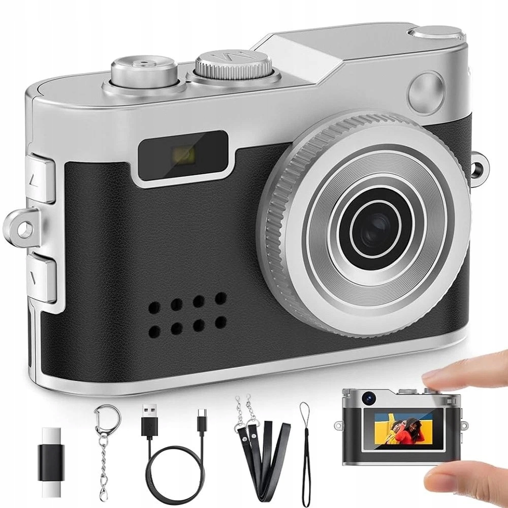 Retro kamera s klíčenkou, kapesní mini digitální fotoaparát, 1080P displej, pásek