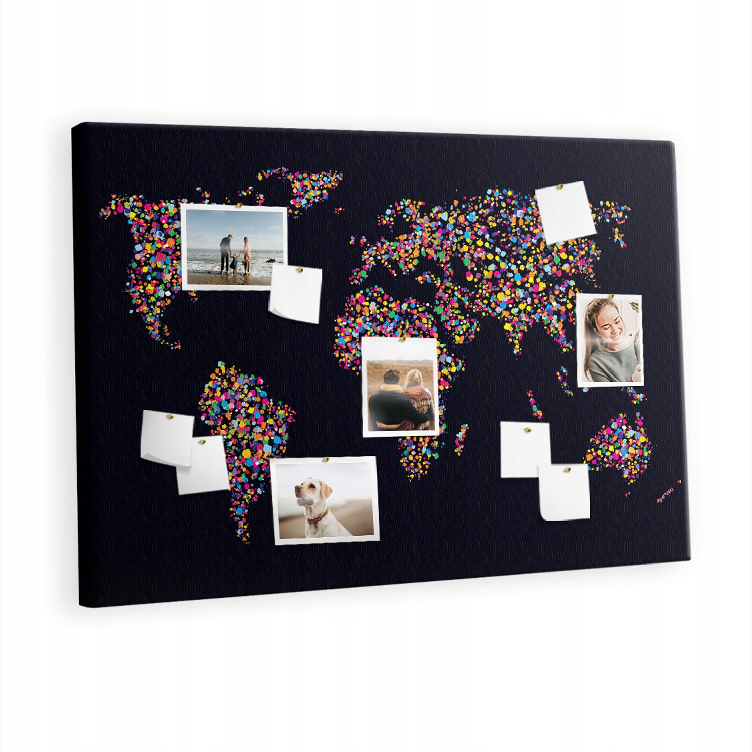 Obraz Tabule na rodinné fotografie Mapa světa s tečkami 120 x 80 cm připínáčky