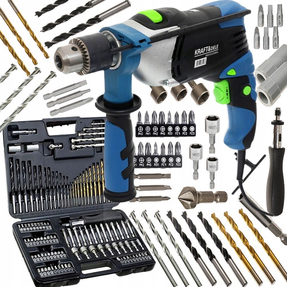 Дрель шуруповерт 230В ударная + набор 109EL