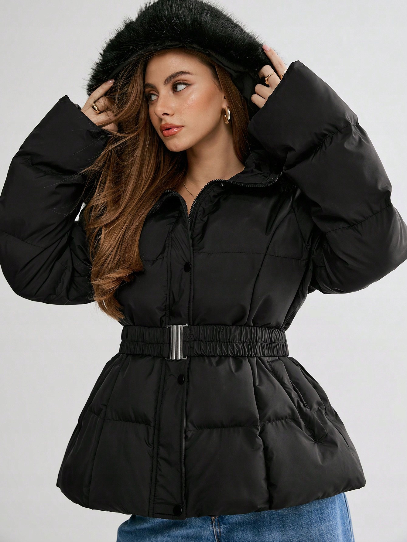 Dámská Prošívaná Zimní Péřová Bunda S Kapucí Černá Casual Shein M 38
