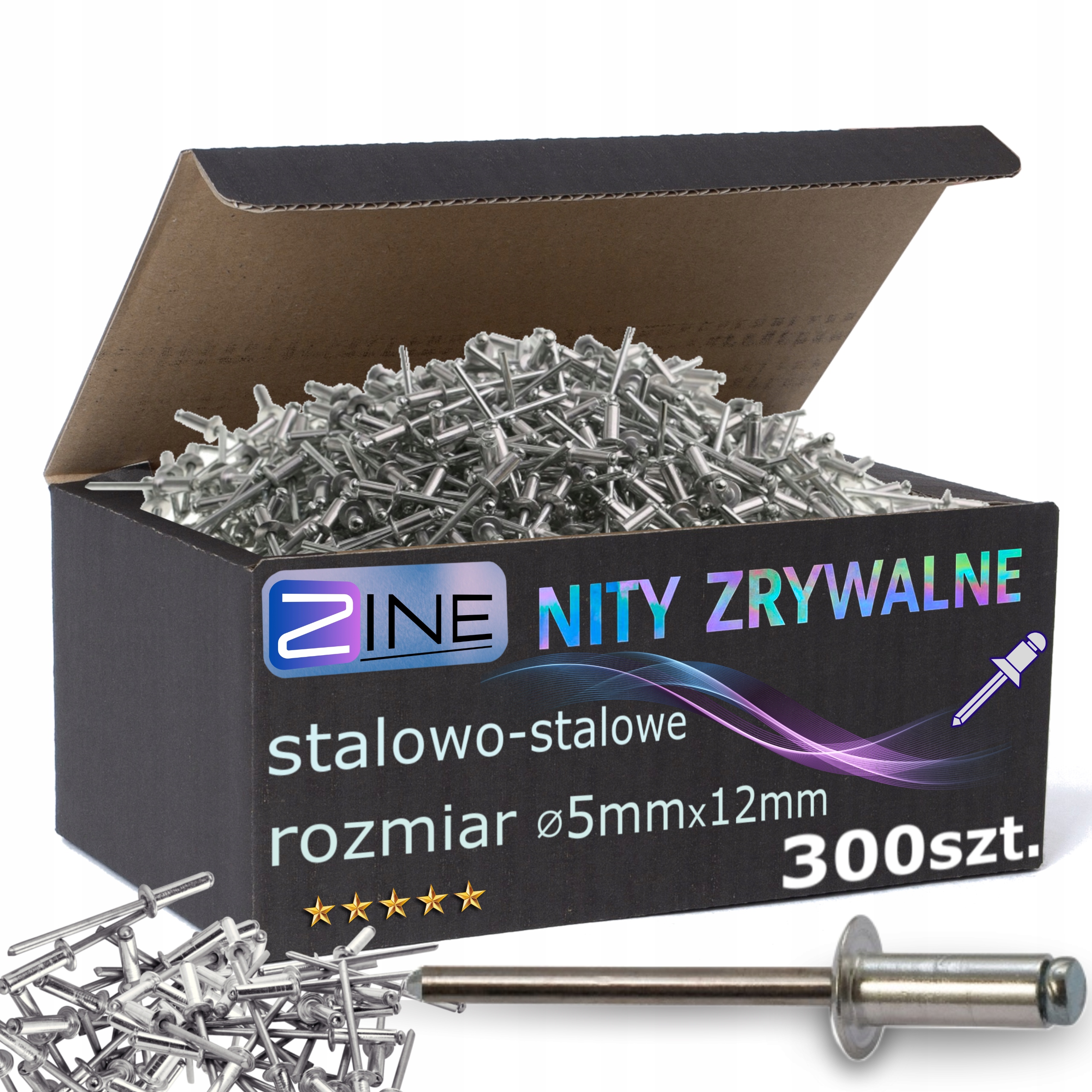 Nity Zrywalne Stalowo Stalowe 5x12mm Zestaw Nitów Stal/Stal Zine 300 sztuk