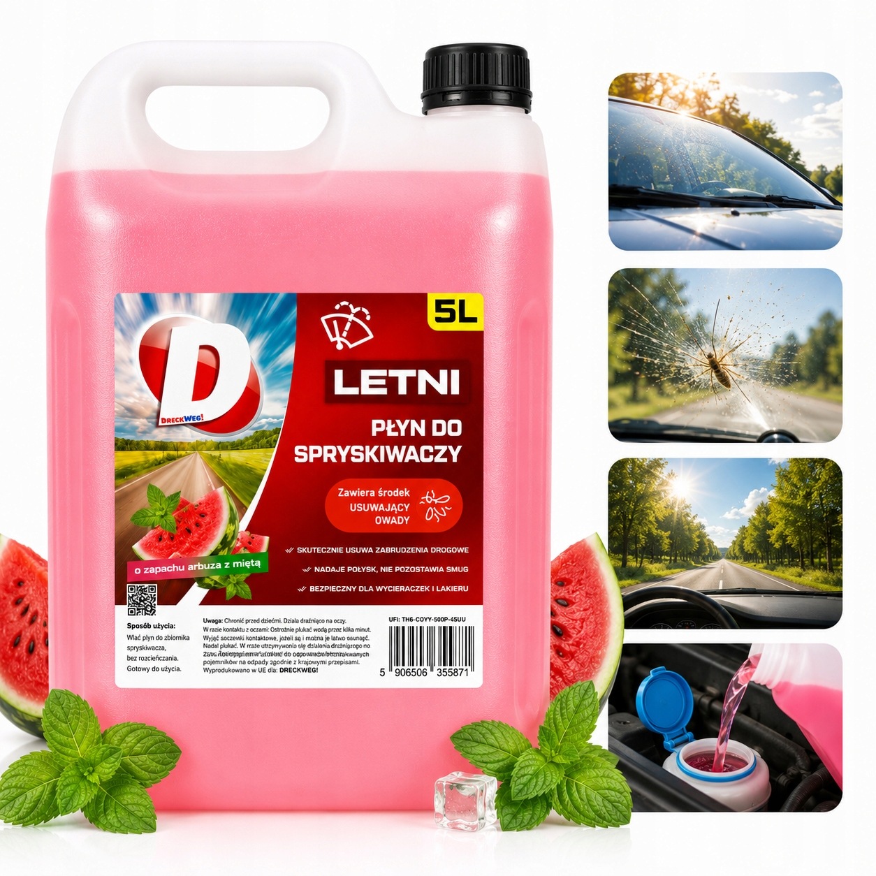 Płyn do Spryskiwaczy Letni 5L Arbuz MiĘta Bez Smug Dreckweg