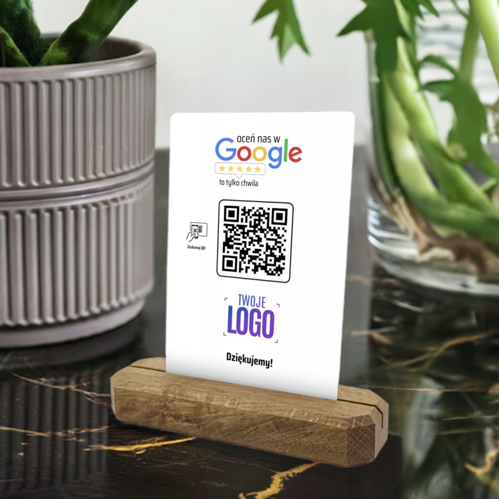 Metalowy stojak z kodem QR i LOGO do zbierania opinii Google + KARTA NFC Marka HeyPrint