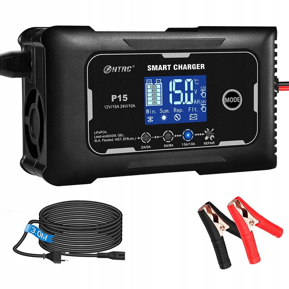 Automatický Inteligentní Usměrňovač, Nabíječka Akumulátoru LCD 15A 12V 24V