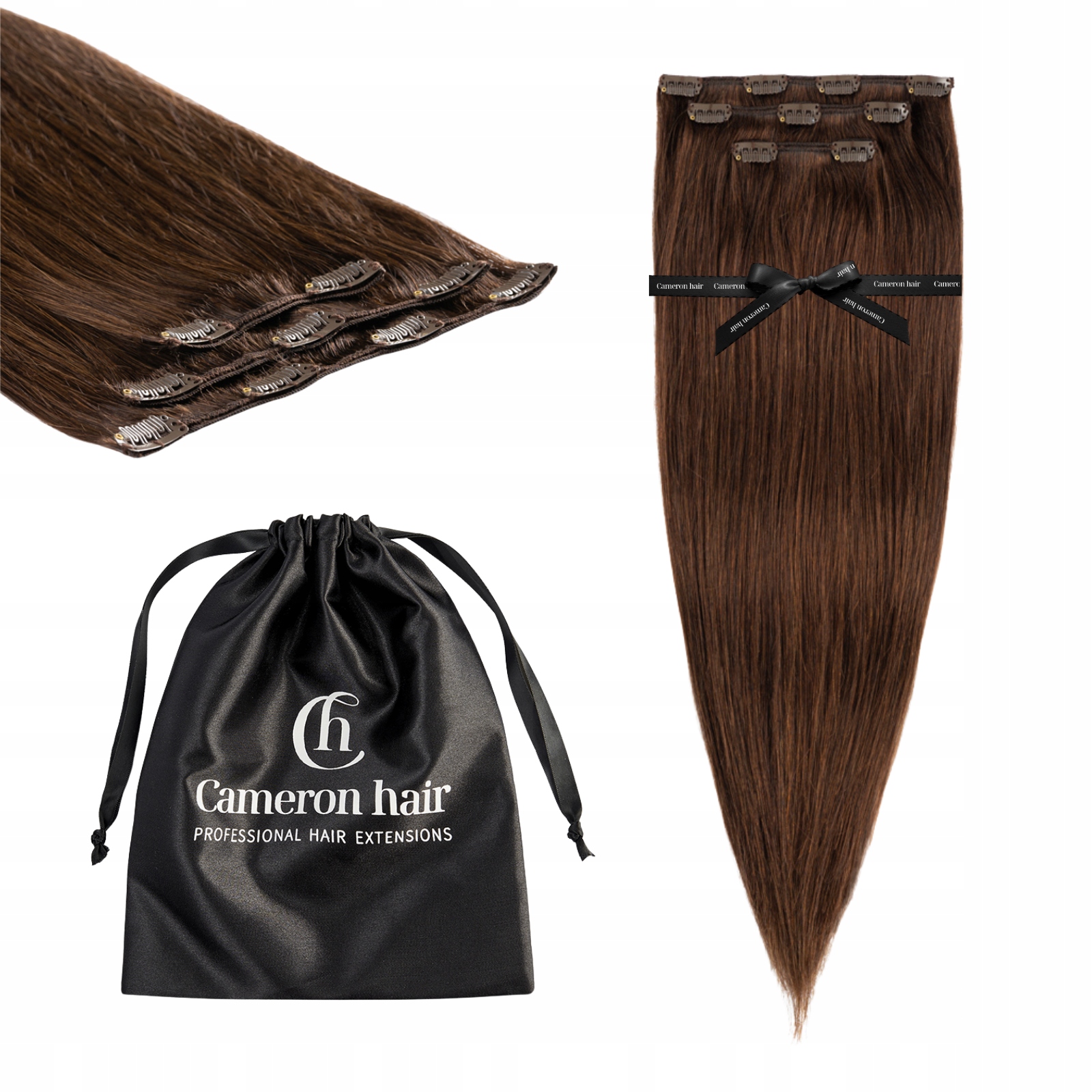 Přírodní vlasy Clip In 60 cm 3 pásky 65 gramů #3 Přírodní hnědé připínáčky