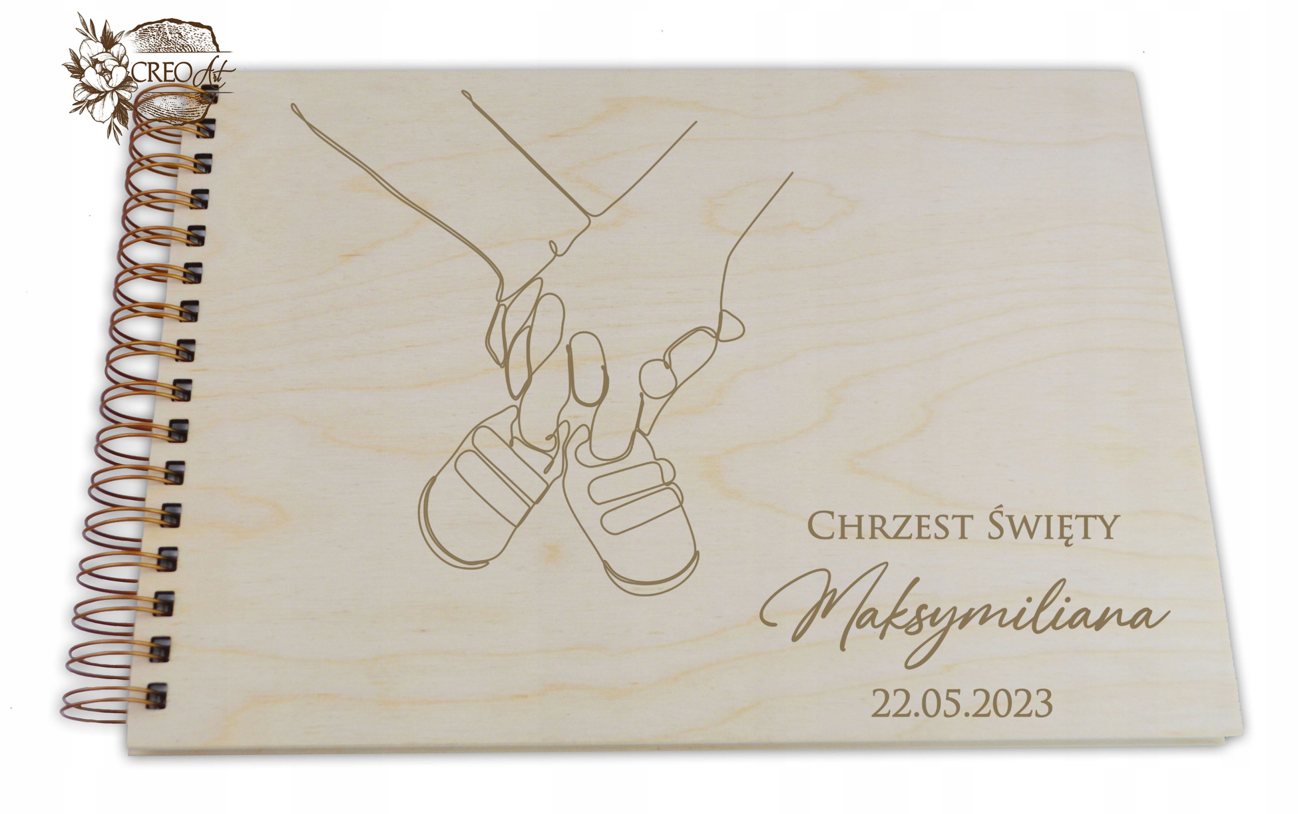 Album drewniany grawerowany na Chrzest Święty, BOHO, NOWOŚCI 2025!
