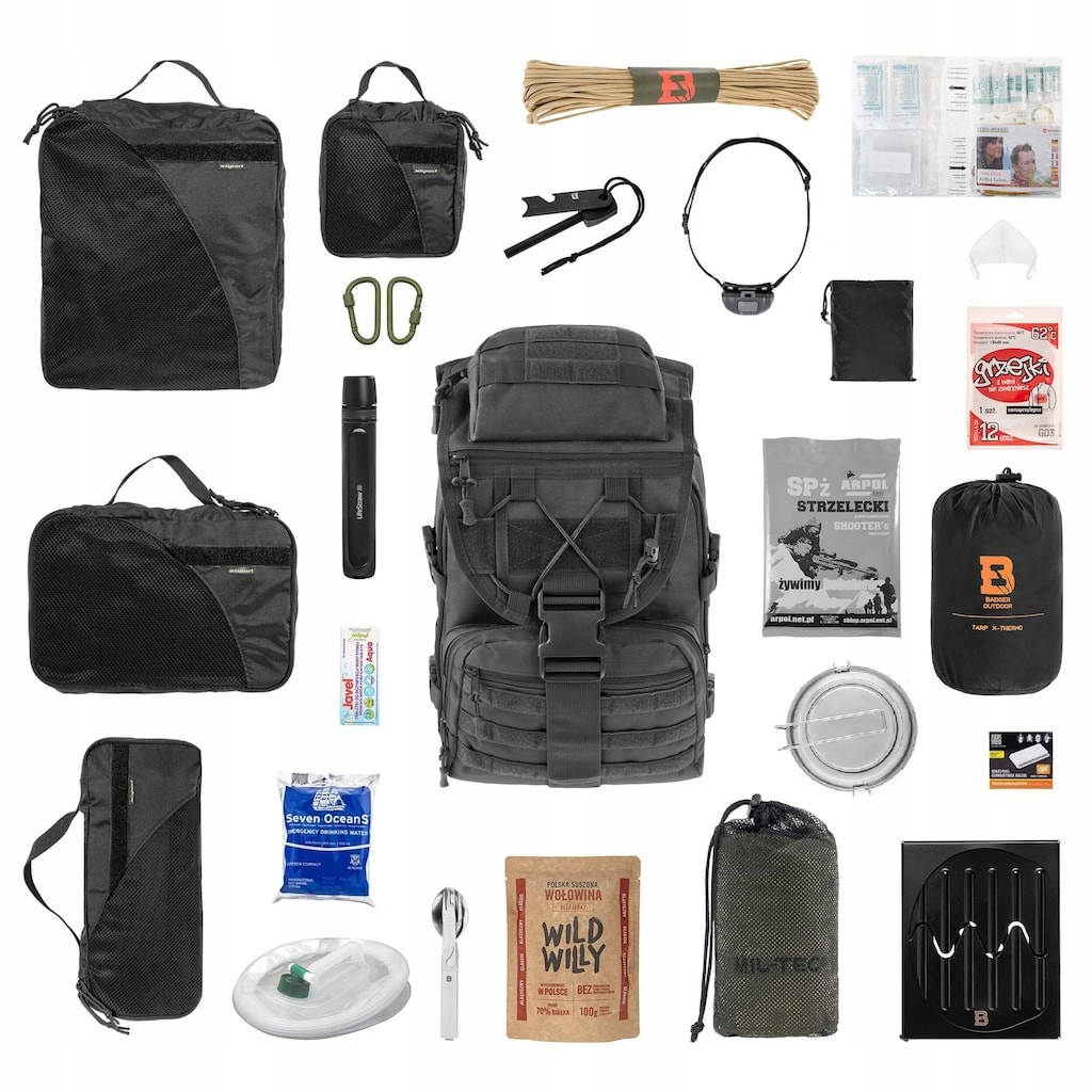 Plecak ewakuacyjny Badger Outdoor Sarge 30 l Black V2 z wyposażeniem