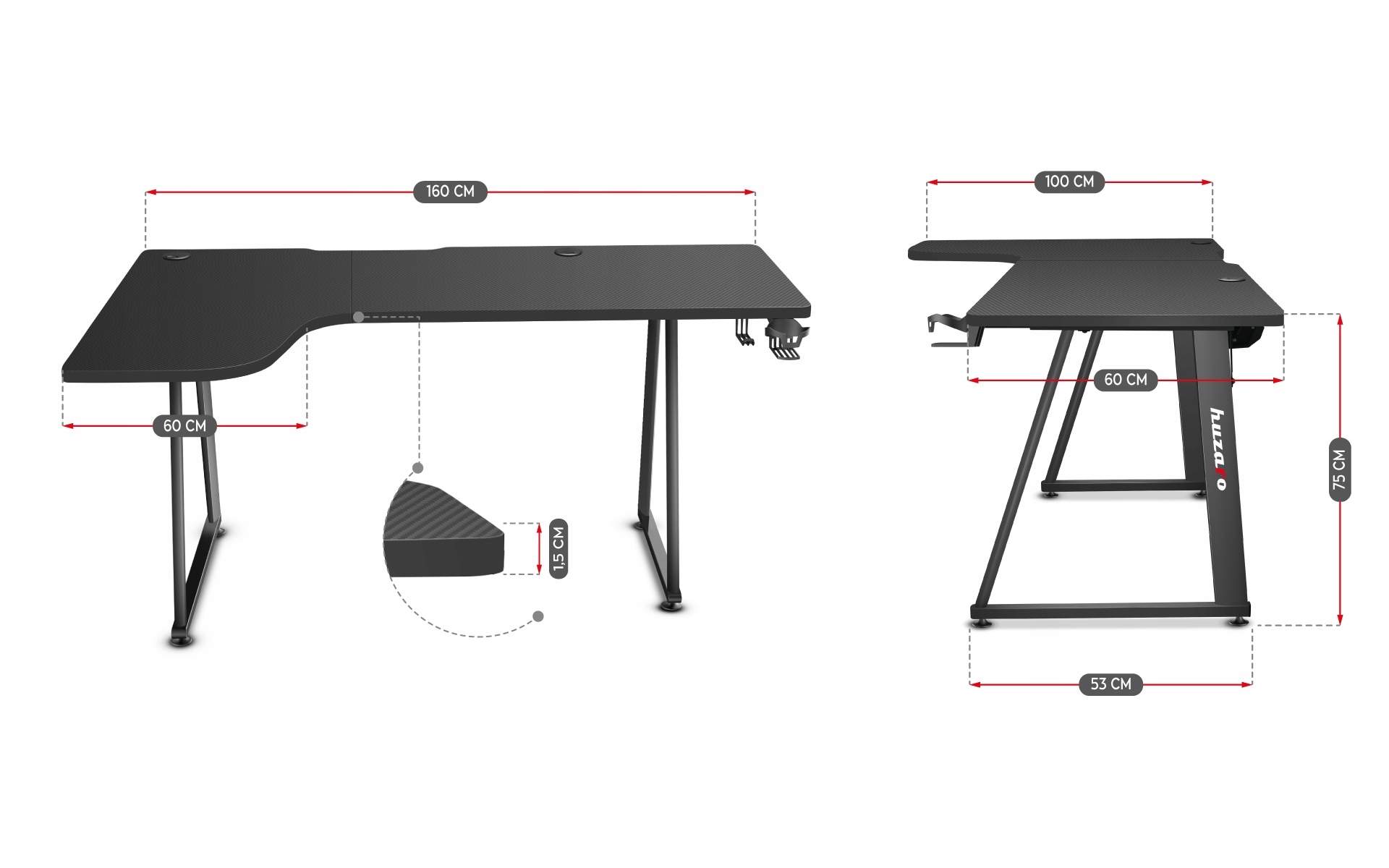 Biurko Gamingowe Narożne Komputerowe Gracza Huzaro Hero 7.7 Black Kolor nóg czarny