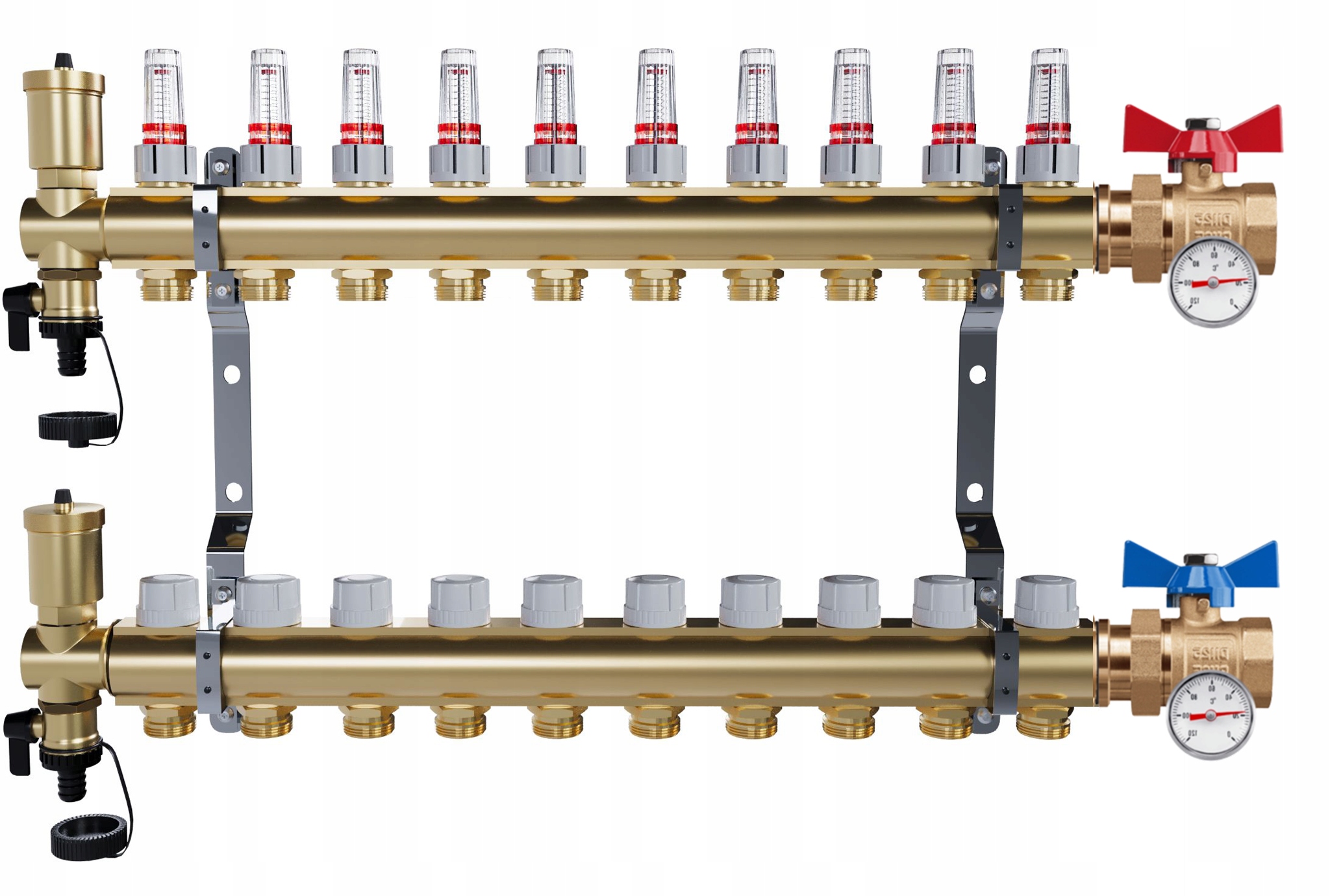 Rozdělovač Pro Podlahovou Krytinu 10 Okruhů Jednoduchý Kulový Ventil Teploměr