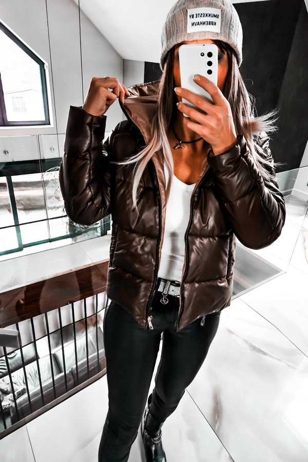 KURTKA DAMSKA PIKOWANA Z KAPTUREM KLASYCZNA BRĄZOWA Rozmiar L/XL