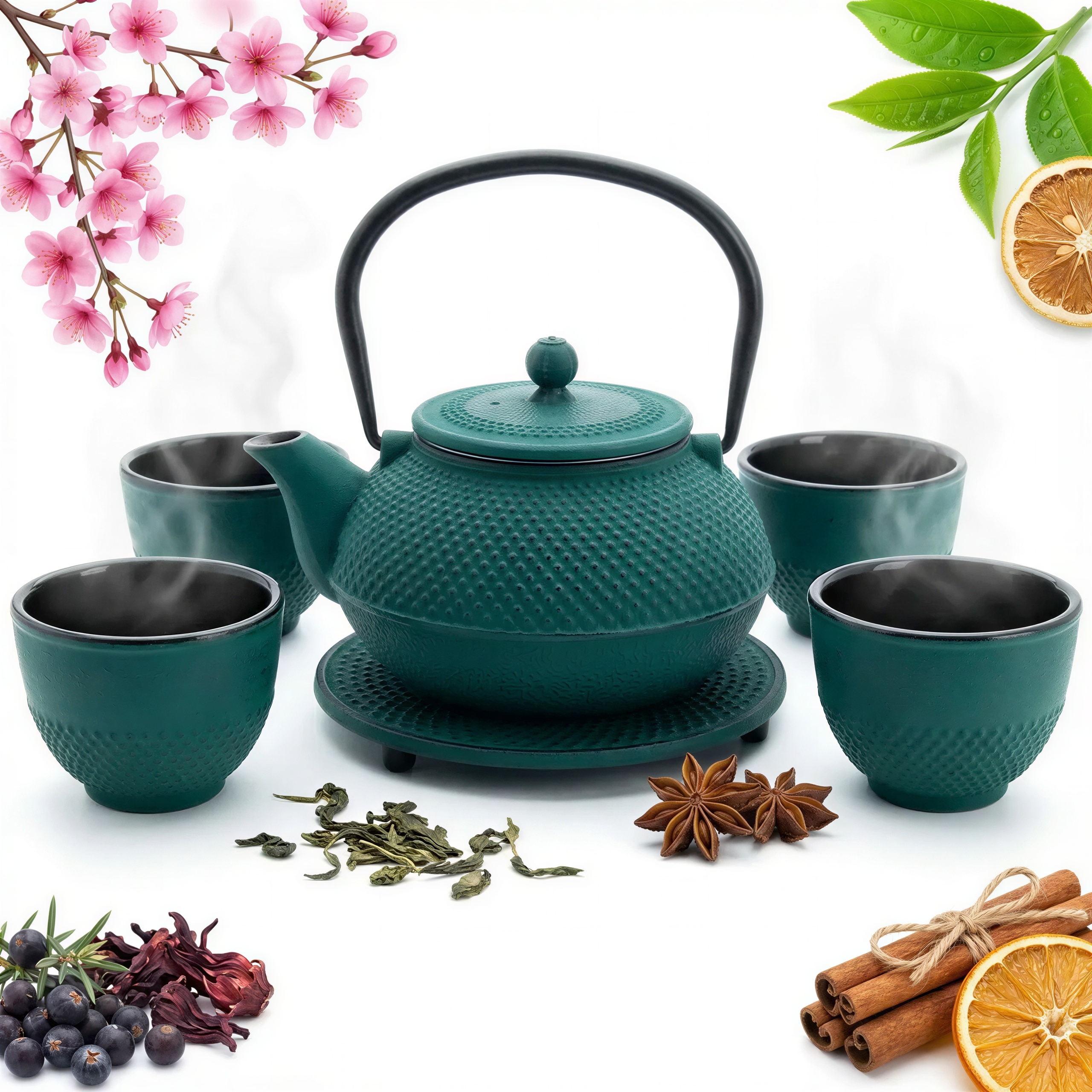 Kanvica Čajník Liatinová 1,5L Lúhovač Satlová Sada 4x Šálky A Podložka