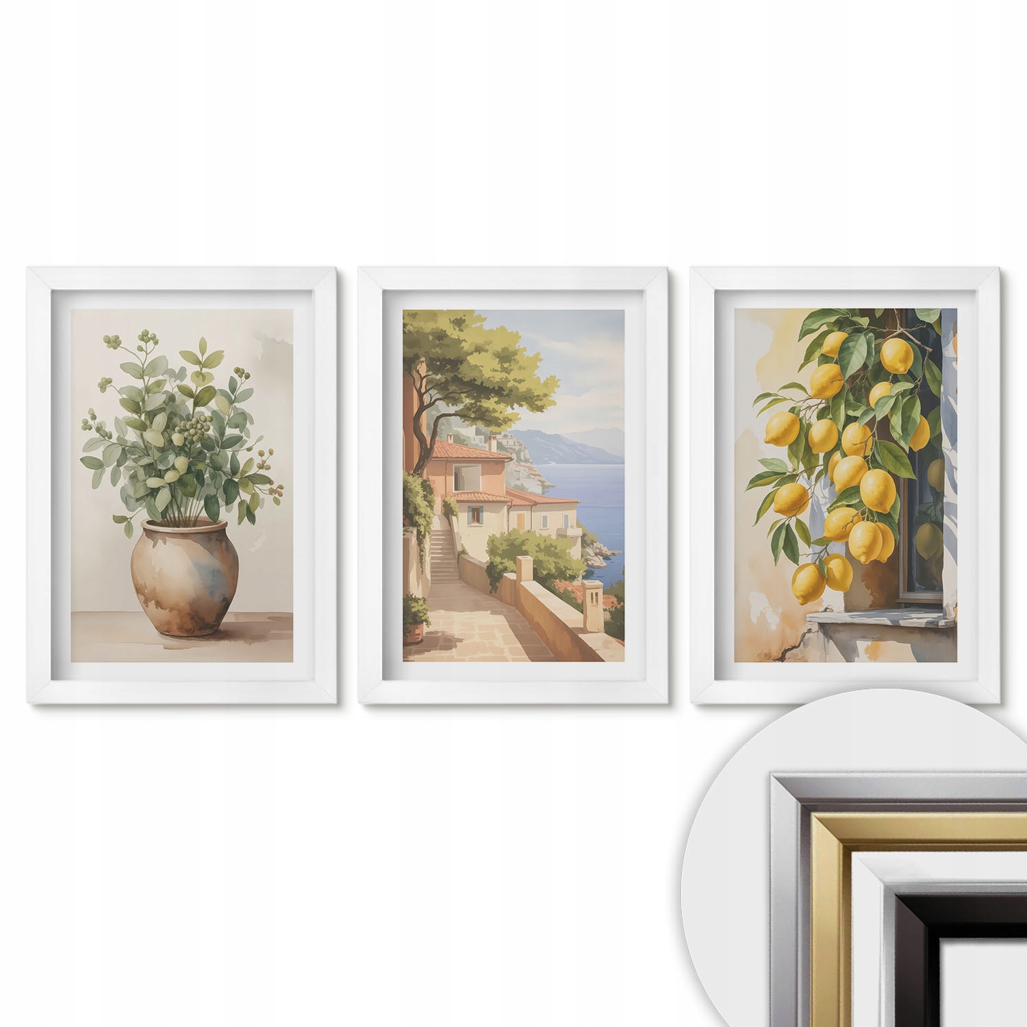 Sada 3 obrazů Triptych Bílý Rámeček Květiny ve váze moře citrony
