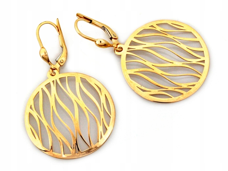 Zlaté náušnice 585 kulaté závěsné kroužky s ažurovým vzorem, anglické, módní