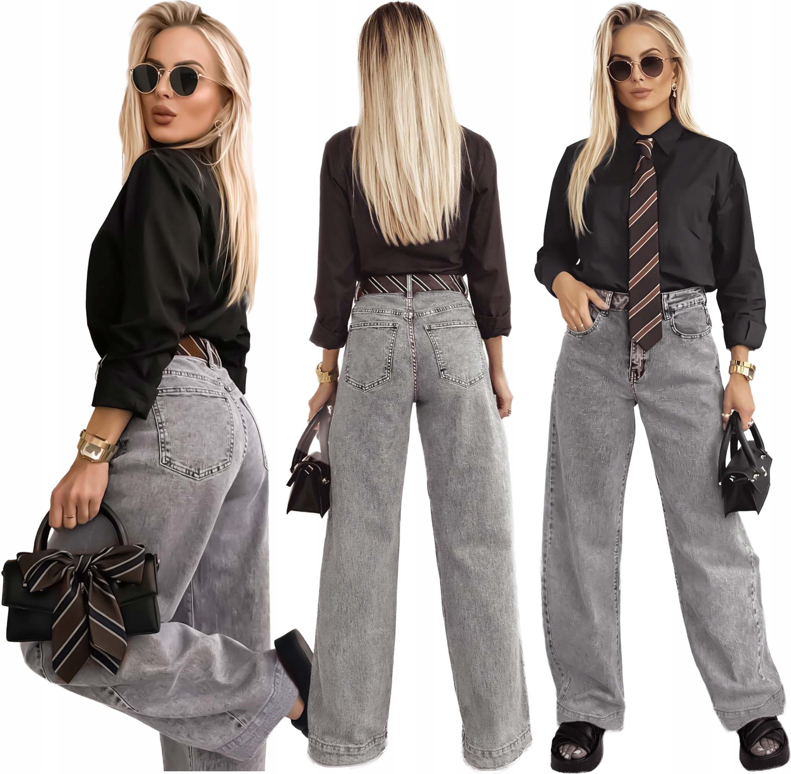 Džínové kalhoty švédské Jeansy Wide Leg široké nohavice kravata 44 Katarina