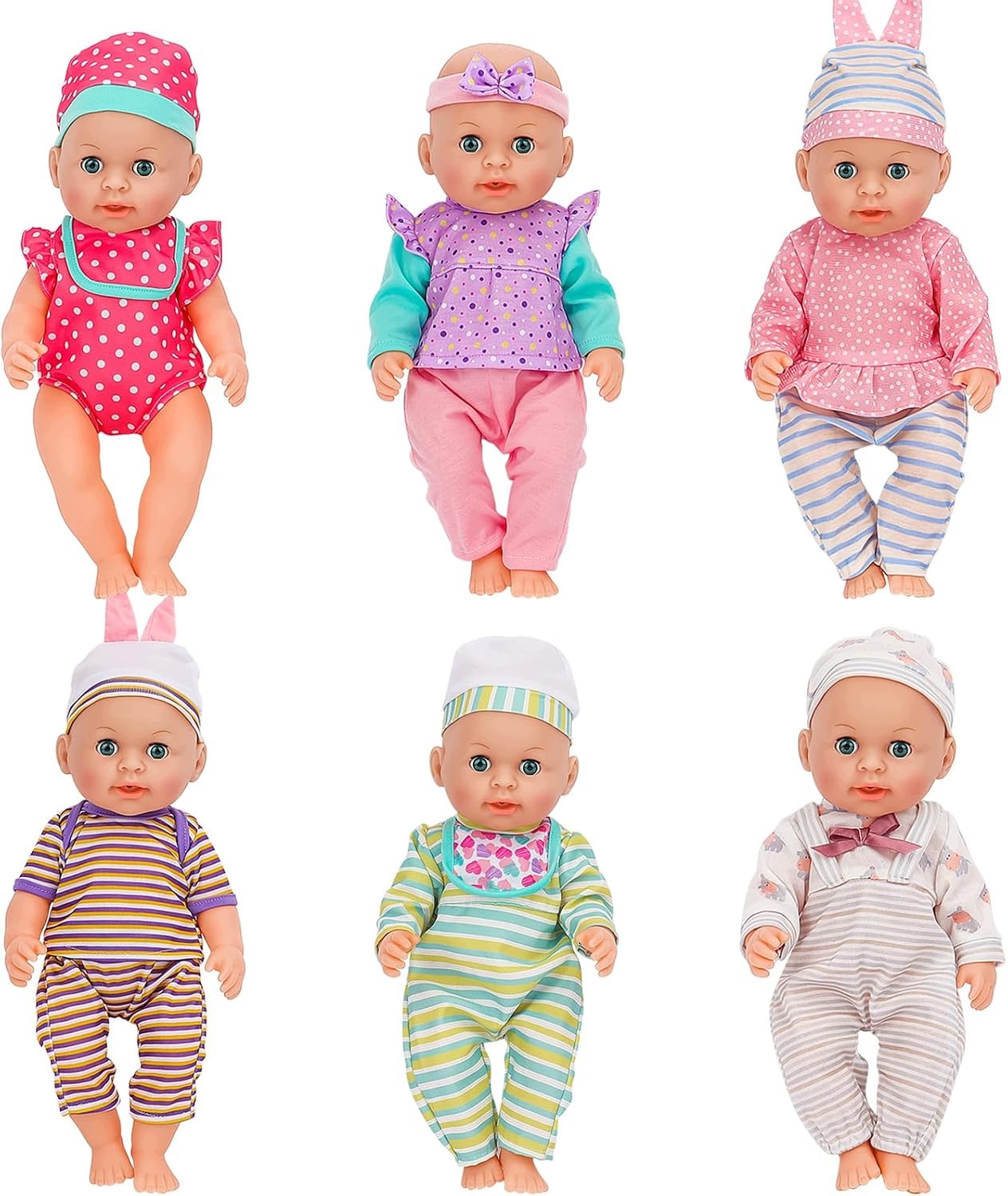 Zestaw 6 sukienek dla lalek 25-35 cm różowy biały fioletowy kapelusze