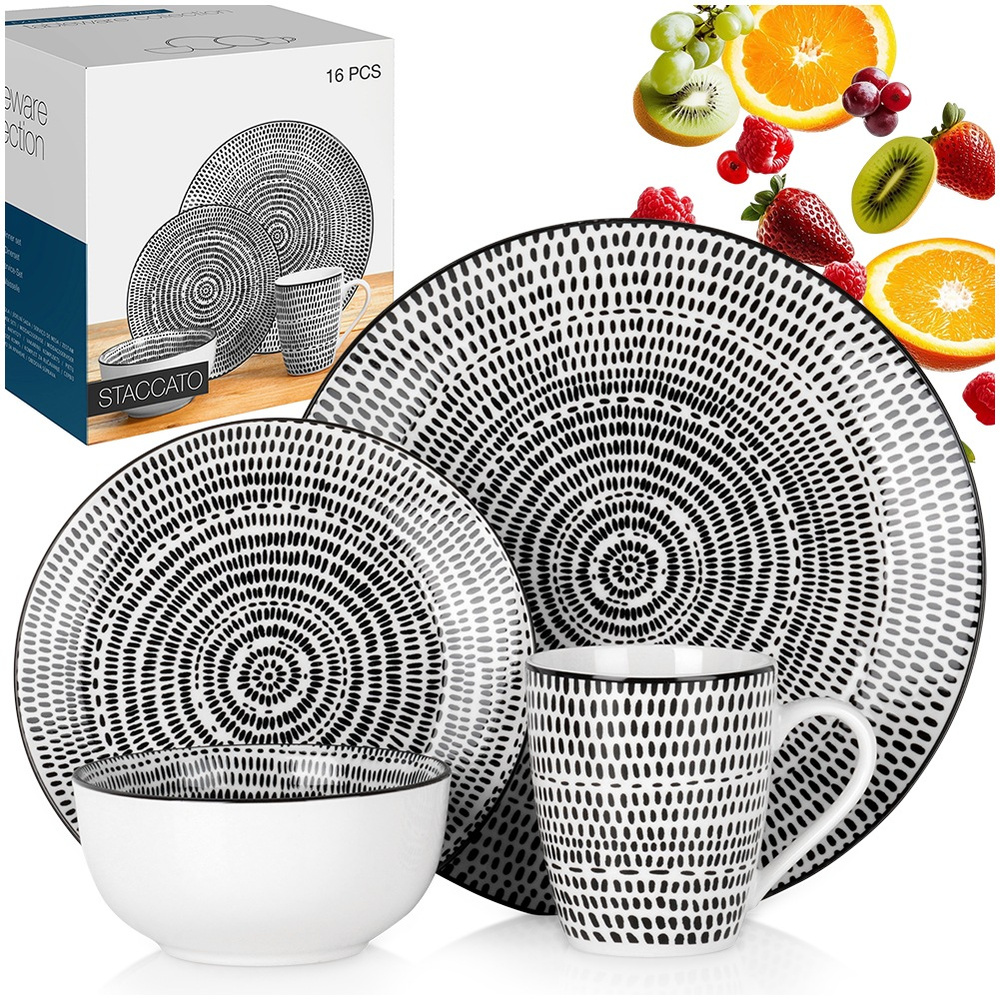 Komplet Porcelánový Obedový Servis 16 ks 4 Osoby Vzor Kruhy