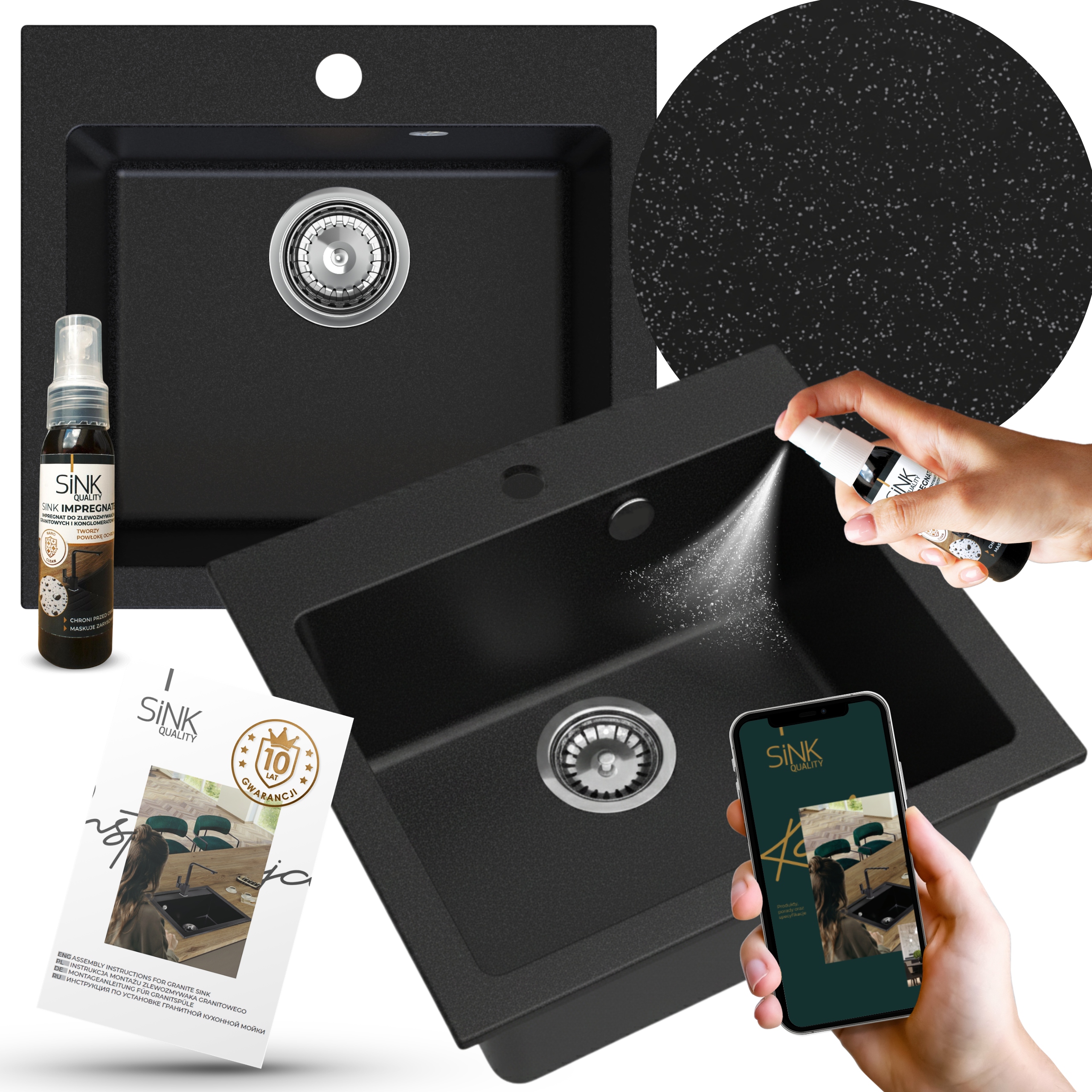 Granitový Čierny Škvrnitý Jednokomorový Drez Do Skrinky 50 cm