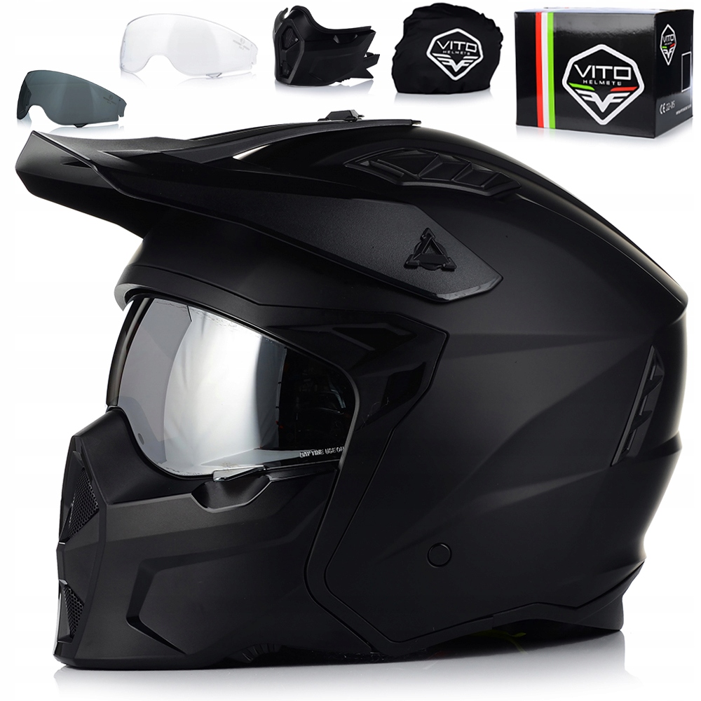 Motocyklová Prilba 4v1 Vito Predator Matt Odnímateľná Čepeľ Strieška 3x Sklo
