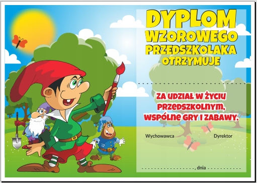 

Dyplom: Wzorowego Przedszkolaka Krasnale A4
