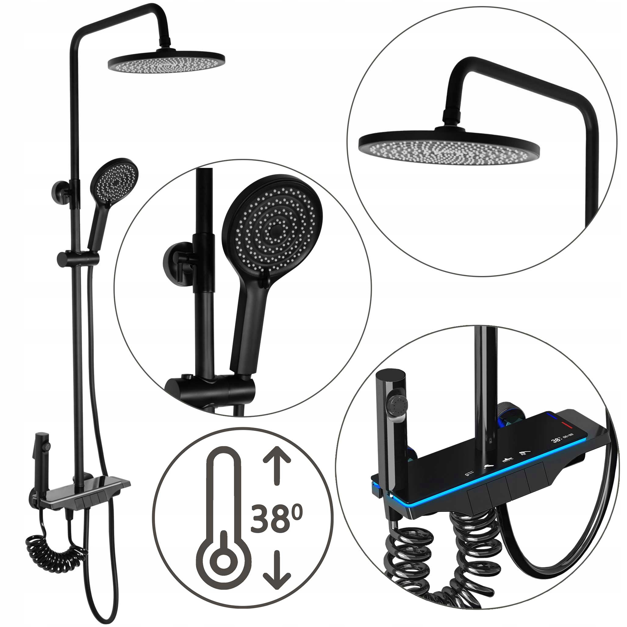 Nástenná sprchová súprava Rea Savio Black Čierna Termostat Dažďová sprcha