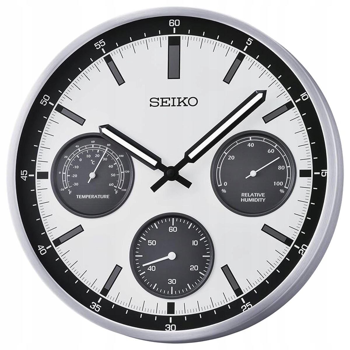Japonsky Aluminiový Hodiny Seiko QXA823S S Teplomerom A Hygrometrom 33 cm