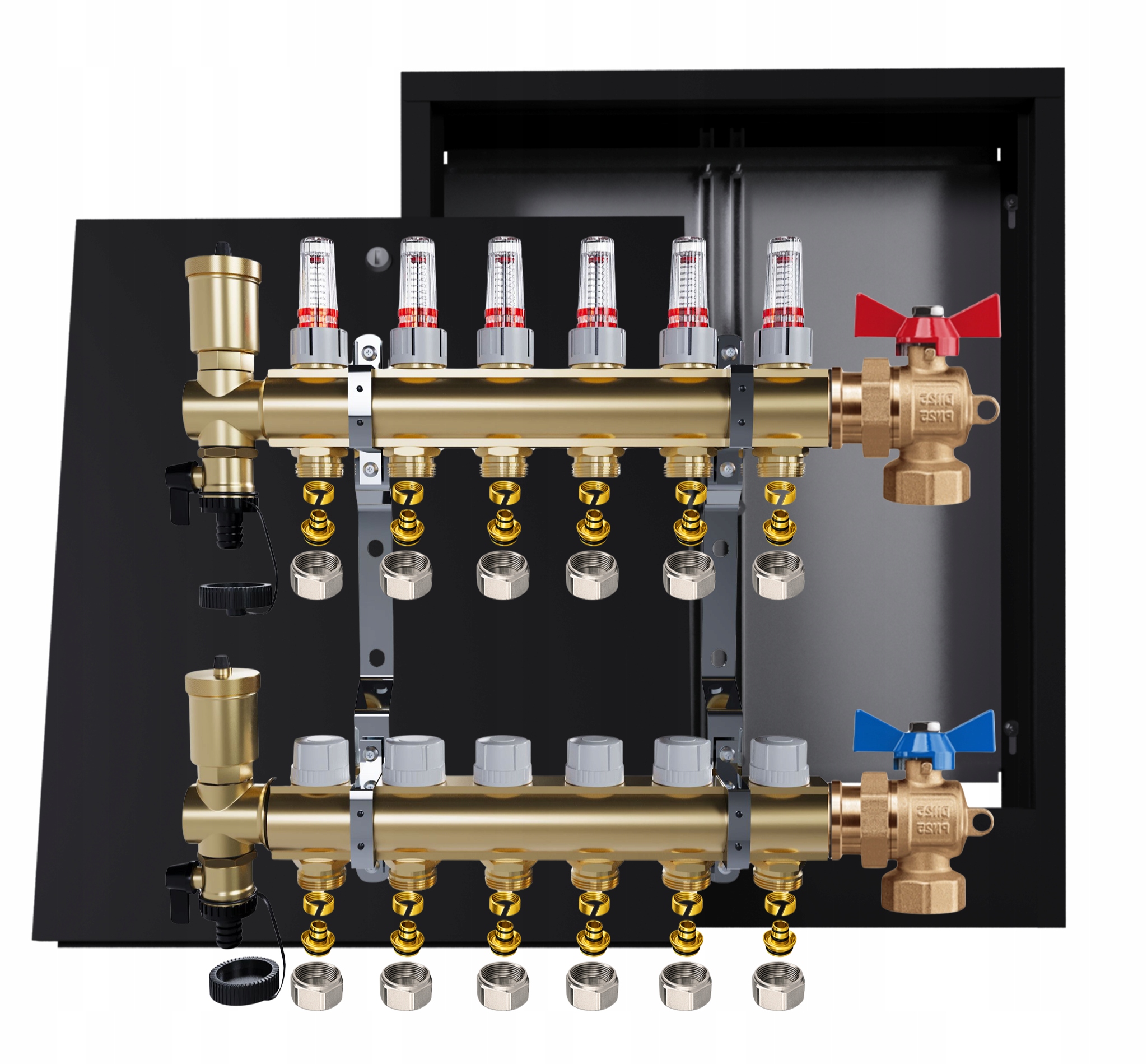 Rozdělovač mosazný podlahový 6 okruhů nástěnná skříňka černá Pex